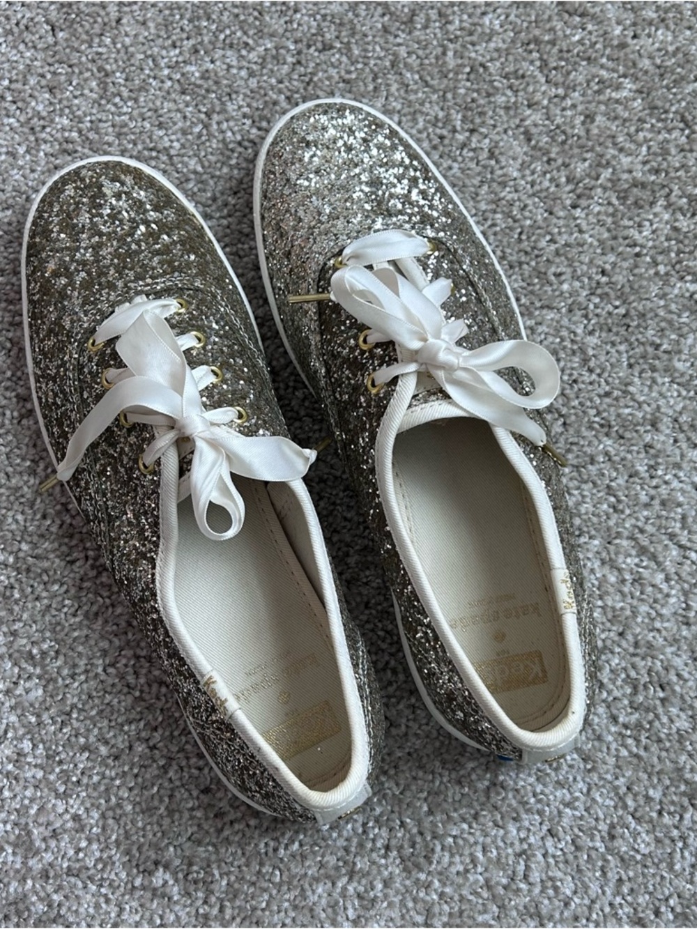 Keds x Kate Spade Glitter Sneakers Womens Size 8 Champagne Silver Ribbon Laces - Picture 6 of 12